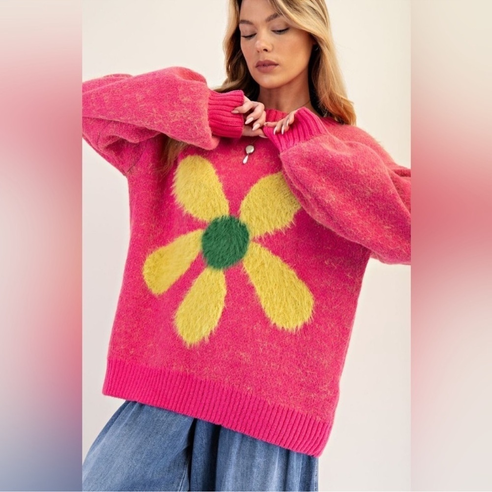 Easel Pink Floral Crew Neck Sweater